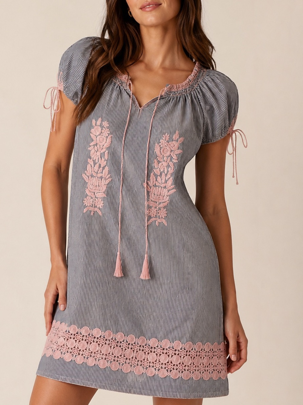Rose and Rose 100% Cotton Embroidered Mini Dress Size S White Blue Pink Tassels